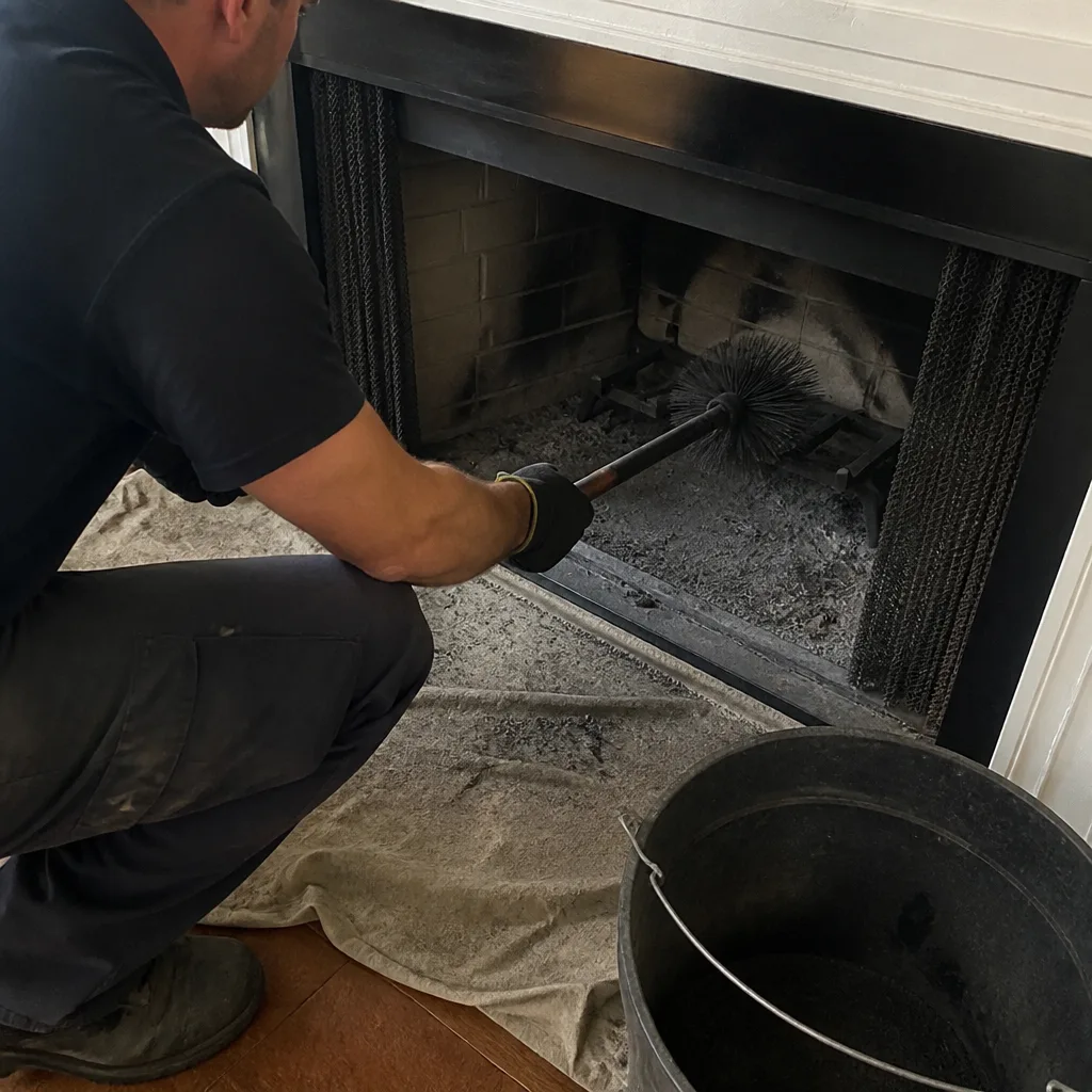 Professional chimney sweep cleaning a fireplace with a wire brush tool