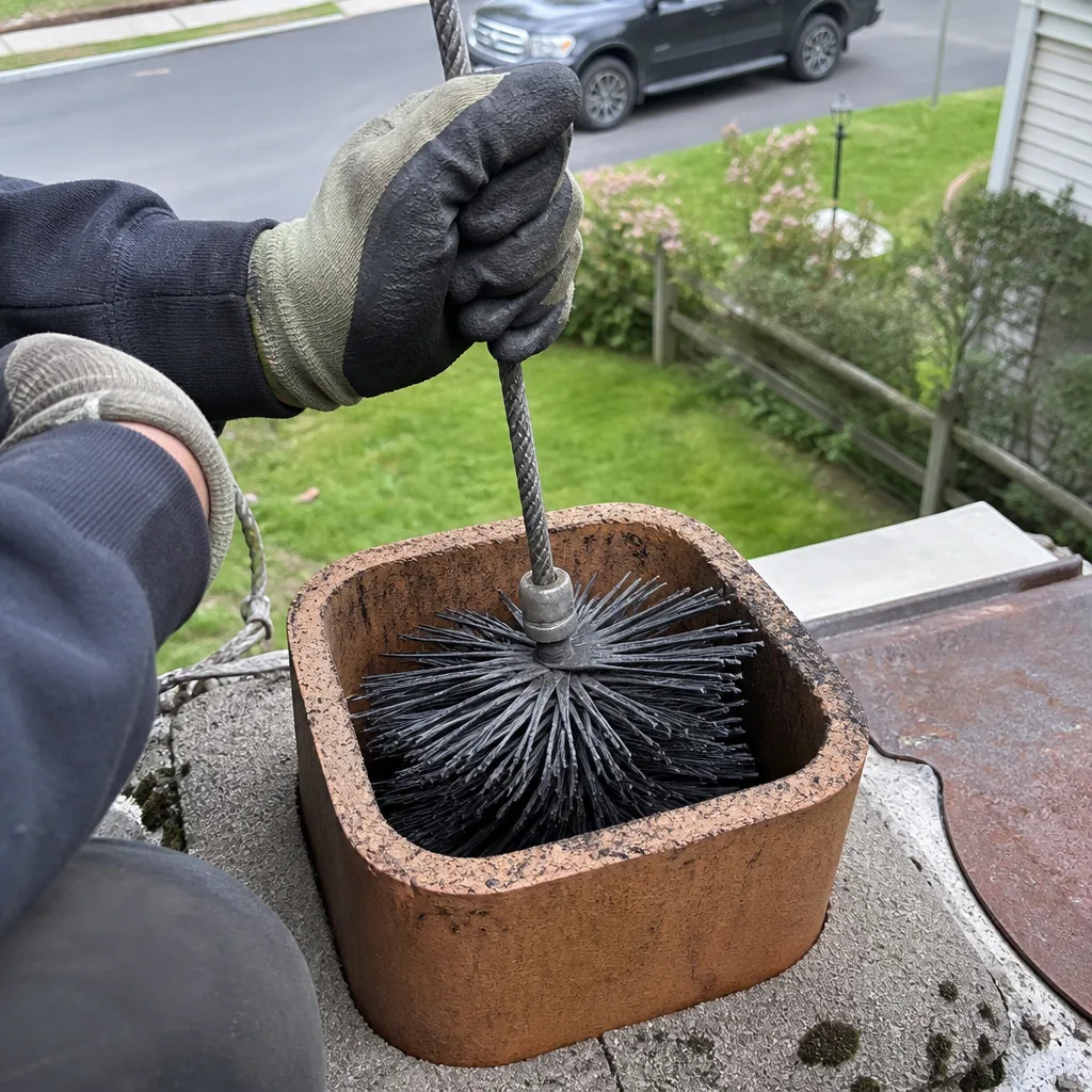 Professional chimney sweep cleaning a brick chimney flue with a brush